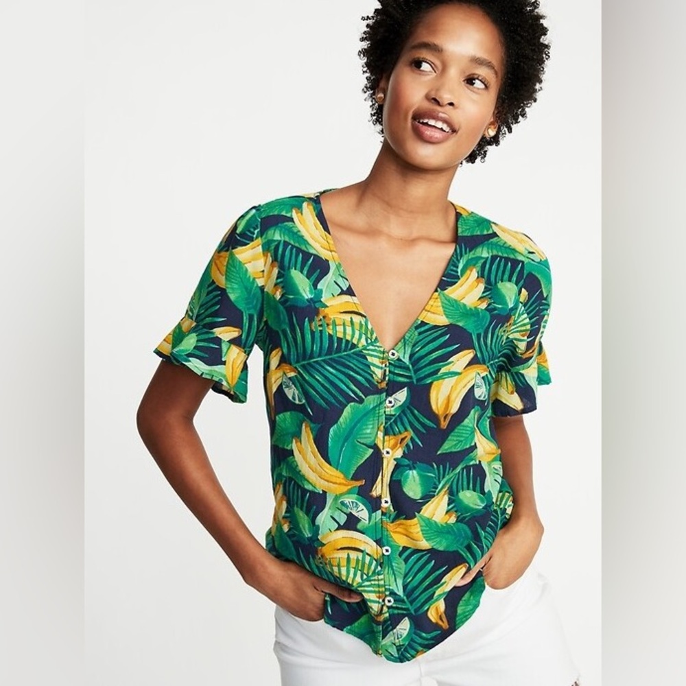 Linen Blend Old Navy Banana Tropical Print Button Flutter Sleeve Top Size Large